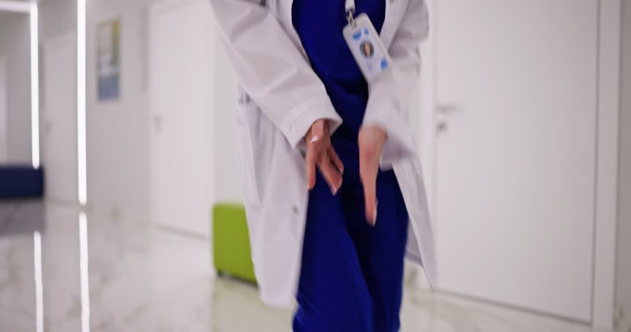 Close up dynamic scene female doctor in white coat dancing and rejoicing in white corridor of modern hospital