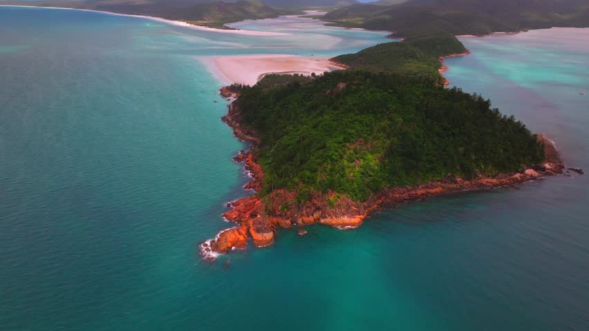 Whitsundays Islands Tongue Bay North end Hill Inlet Lookout Whitehaven Beach aerial drone picturesque sandy reef Aussie National Park sunny clouds moving summer scenic flight view forward motion