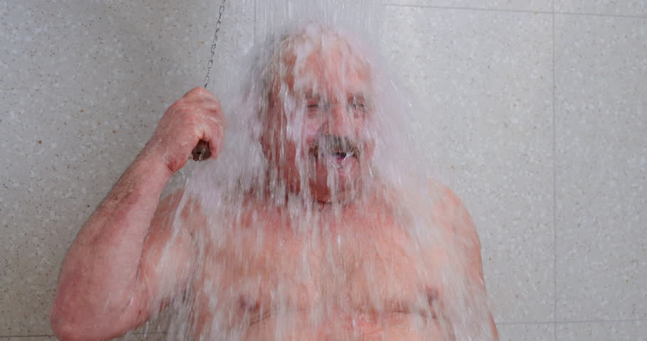 Body Hardening For Stay Healthy And Young, Aged Man Dousing Himself By Cold Water In SPA Center