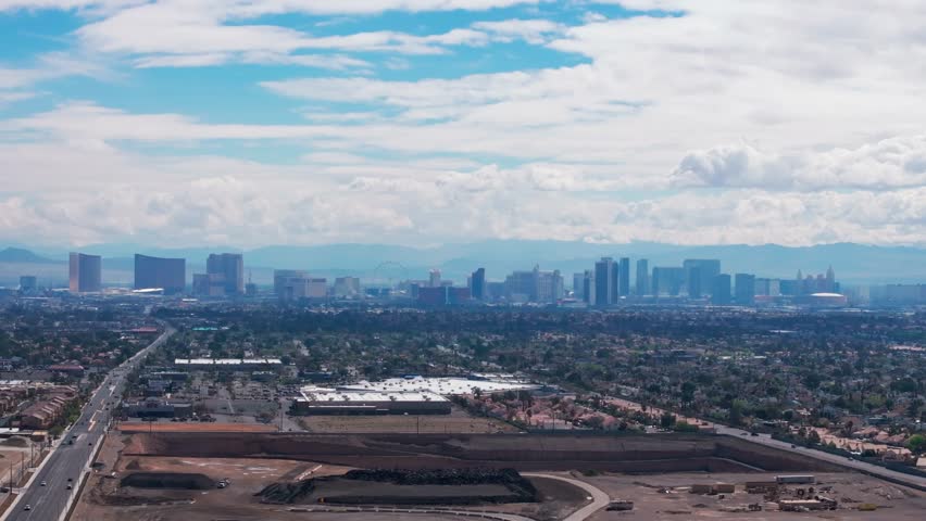 Telephoto drone shot of the Las Vegas strip in the daytime