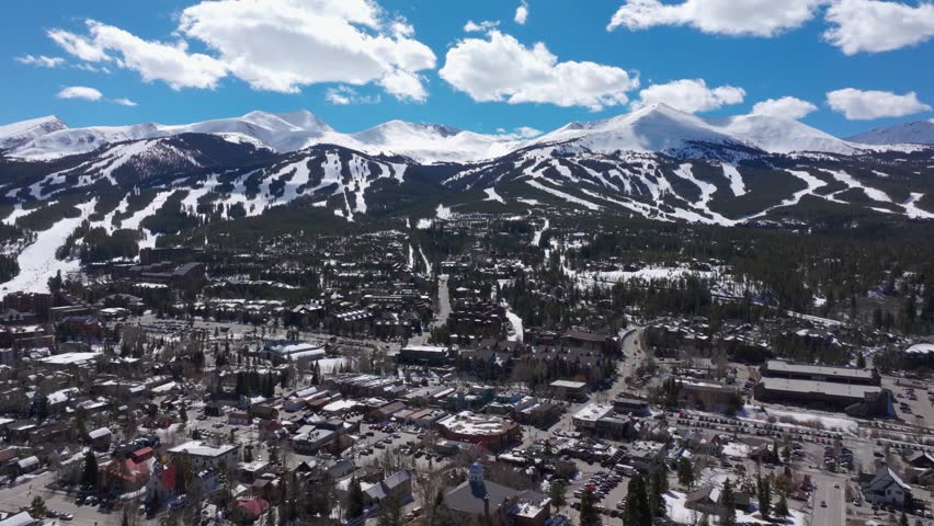 Slow drone shot looking down at main street in Breckenridge, Colorado