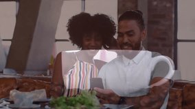 Startup founder duo reviewing app in cafe, overlay showing traffic chart and phone icons. Romance, leisure, urban, modern, lifestyle, friendship, warmth - Powered by Shutterstock - Get 15% off with code: PIKWIZARD15