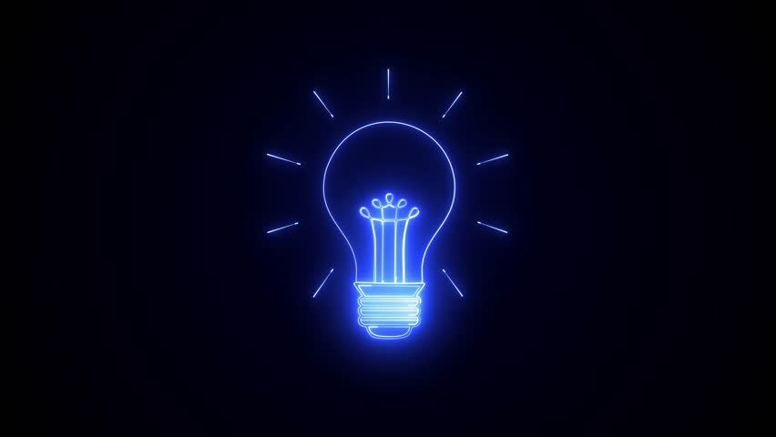 Glowing Blue Neon Lightbulb on Black Background
