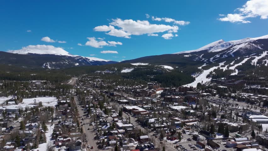 Drone shot over downtown Breckenridge, Colorado in the snowy winter months