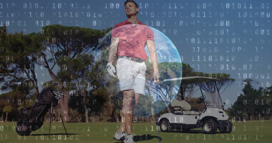 male golfer standing on golf course fairway, displaying floating financial charts binary code globe. Athletic, leisure, natural, modern, outdoor, professional, energetic