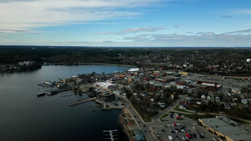 Landscape Drone Shot of Small Tourism Lake Town Kenora Ontario Canada