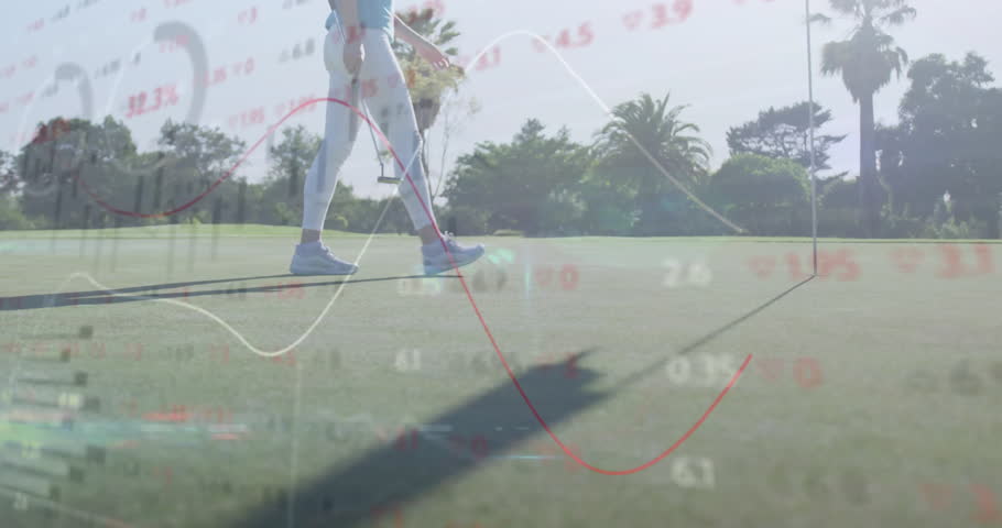 female golfer bending to retrieve ball near flagstick on golf course, overlaying financial charts. Athletic, leisure, modern, professional, outdoor, vibrant, strategic