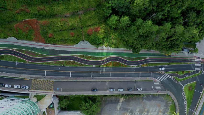Aerial view looking down onto Estrada da Rainha street in Balneario Camboriu, SC - Brazil