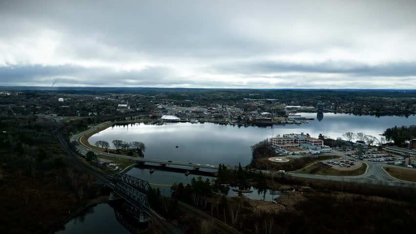Aerial Drone Shot of Small Tourism Lake Town Kenora Ontario Canada
