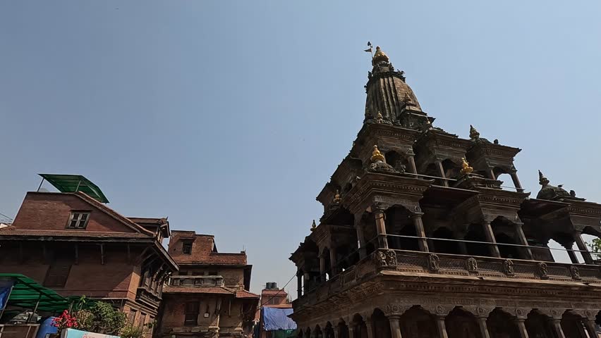 View over the Krishna Mandir temples of Patan Darbar Square. Lalitpur in Kathmandu Valley, Nepal.