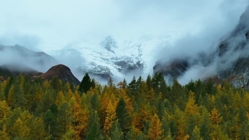 Moody Saastal Saas Fee Switzerland aerial drone foggy cloudy rainy Larch forest beautiful Fall Autumn Swiss Alps mountain peaks glacier valley Zermatt The Matterhorn upward motion