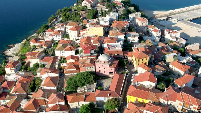 Kavala Panagia Greece old City View Aerial Reveal Shot of Aegean Sea, from Old Town Center
