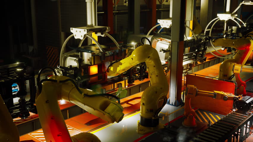 In a factory setting, automated robotic arms efficiently assemble components on a conveyor belt. The facility is well lit, showcasing advanced manufacturing technology in action.
