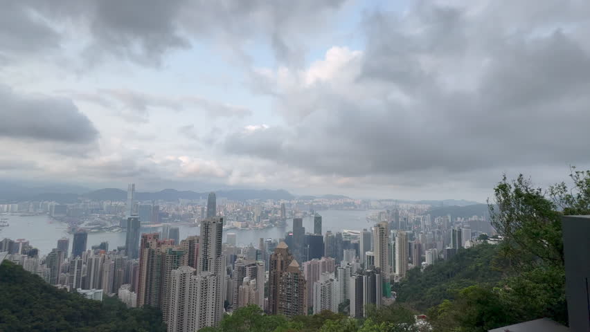 Moody View of Hong Kong Skyline from Victoria Peak on a Cloudy Day