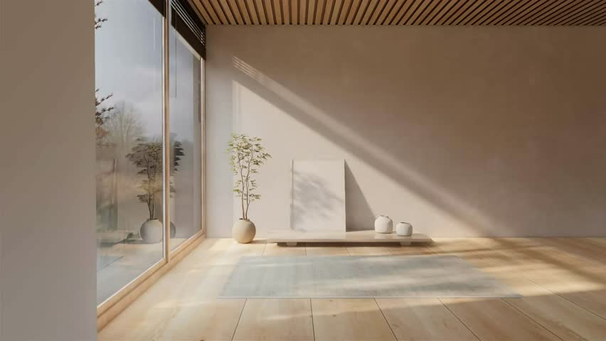 4k modern japandi interior design and simple minimal. Contemporary living room for relax and simple. Wood floor and mockup home. 3d render