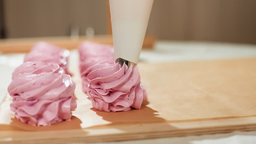 Close up of cupcake preparation process showing piping bag squeezing swirls of smooth pink dough onto brown baking paper in neat row, soft background blur