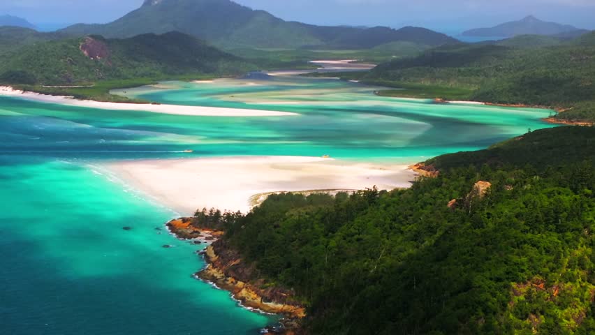 Whitsundays Islands Whitehaven Beach North end Hill Inlet Lookout aerial drone picturesque sandy National Park scenic flight view sunny clouds moving summer clear blue waters parallax pan up forward