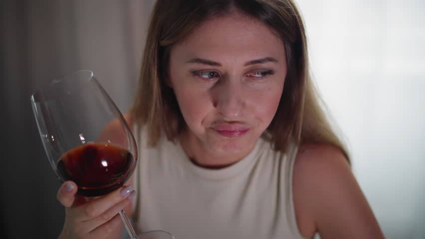 Close up of young woman in sleeveless top quickly drinking dark red wine from large glass, natural indoor lighting, focused expression, casual setting with soft background