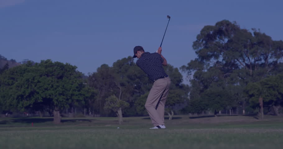 Mid-adult male golfer swinging golf club on fairway, featuring education icons and data overlays. Athletic, landscape, modern, innovation, outdoor, leisure, engagement