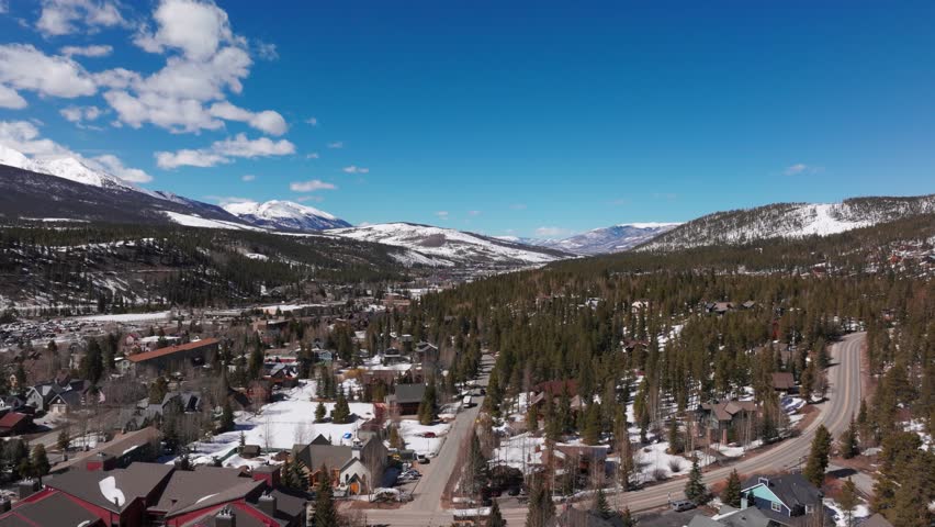 Drone shot down the valley that enters Breckenridge, Colorado