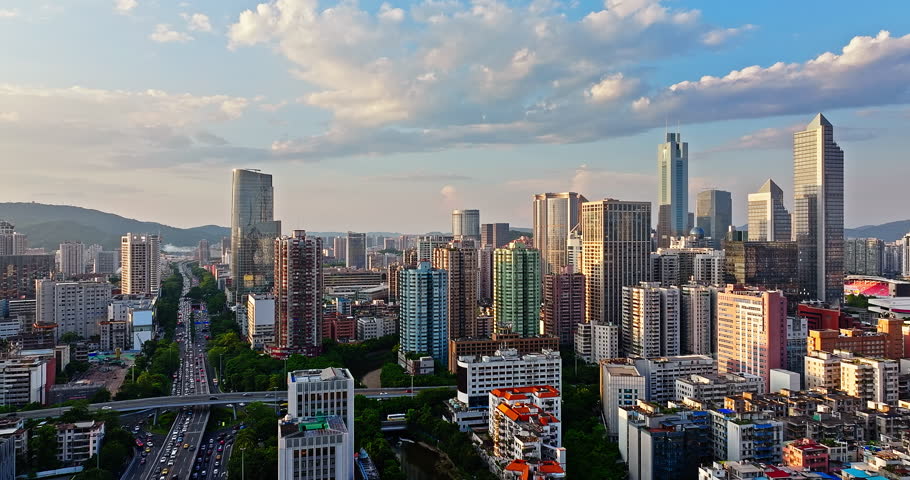 Aerial shot of modern city buildings scenery at sunrise in Guangzhou