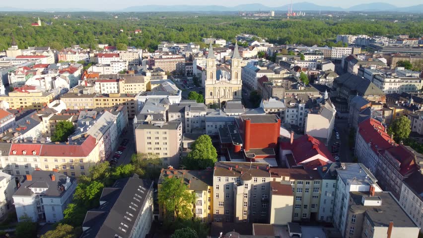 Aerial dolly to Cathedral of Divine Savior in Ostrava city center, Czech Republic