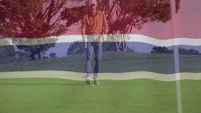 mature golfer crouching on golf green, showcasing AR technology overlay with colorful wavy stripes. Athletic, leisure, outdoor, landscape, modern, precision, relaxation - Powered by Shutterstock - Get 15% off with code: PIKWIZARD15