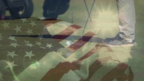 Golfer putting golf ball on green with flag overlay and sun flare in double-exposure style. Sport, lifestyle, digital art, recreation, outdoor, vibrant, determination - Powered by Shutterstock - Get 15% off with code: PIKWIZARD15