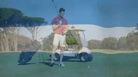 Male golfer swinging iron club on fairway, overlay showing sports analytics and flag graphic. Athletic, leisure, outdoor, sport, lifestyle, minimalist, vibrant - Powered by Shutterstock - Get 15% off with code: PIKWIZARD15