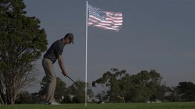 Golfer executing swing on sunny course, displaying animated swing path and health data. Athletic, leisure, outdoor, vibrant, precision, competition, landscape - Powered by Shutterstock - Get 15% off with code: PIKWIZARD15