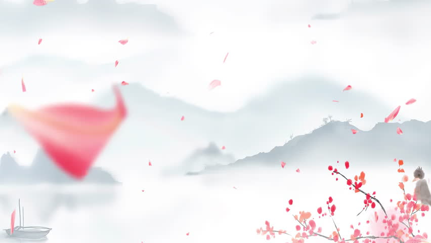 Daytime ancient traditional Chinese Japanese ink Painting of beautiful calm trees, mountains, flowers, Retro landscape red leaves flying atmospheric Chinese style background