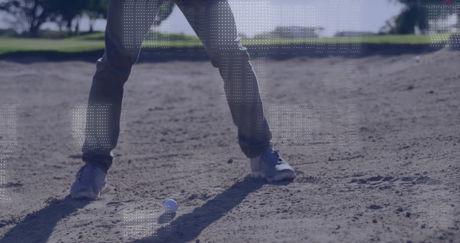 Golfer kicking up sand in golf technology demo, with floating AR data grids and globe icons. Athletic, outdoor, futuristic, digital, sports, environment, motion
