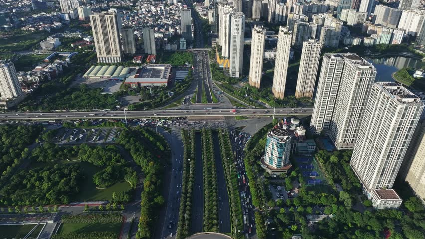 Aerial skyline view of Hanoi cityscape, urban city in Vietnam