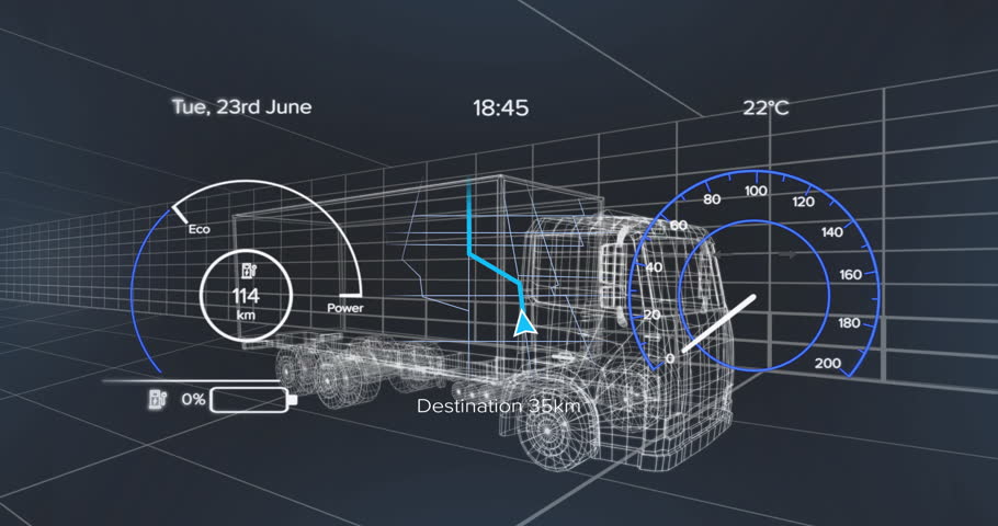 Wireframe truck semi-trailer model rotating in 3D grid, showing Eco or Power gauge and navigation path. Futuristic, digital, high-tech, interface, visualization, automotive, simulation