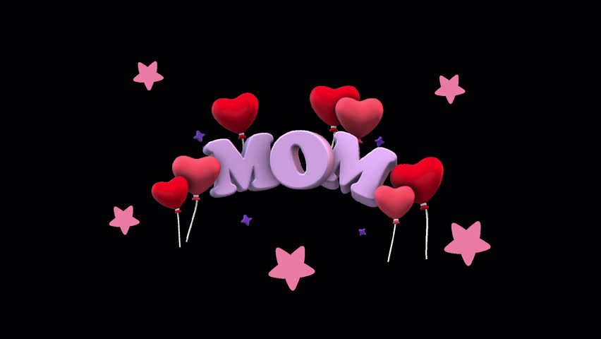 Floating Heart Balloons for Mom – 3D animated text and heart balloons forming a festive celebration. Perfect for Mother's Day greetings and titles. Transparent background, 5 seconds loop.