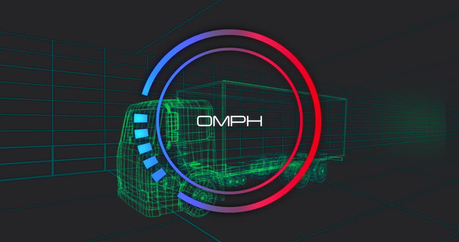 Wireframe semi-truck and trailer showing 55MPH gauge in 3D render with teal grid background. Futuristic, digital, technical, engineering, transportation, visualization, cyberpunk