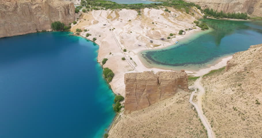 Stunning Blue Lakes Surrounded By Range Of Dry Cliffs In Band-e Amir National Park, Bamyan Afghanistan. Aerial Drone Shot