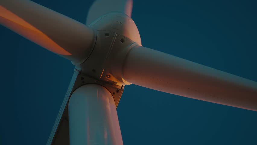 Close-up of a wind turbine blade turning against a blue evening sky