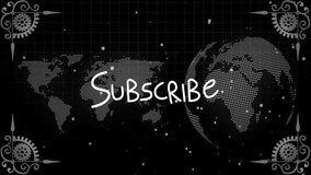 Handwritten SUBSCRIBE text being animated over interface, with map and 3D globe, code snippets. Futuristic, digital, abstract, technology, innovation, cyber, data - Powered by Shutterstock - Get 15% off with code: PIKWIZARD15
