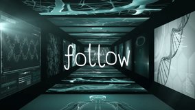 Handwritten follow text floating in digital data tunnel, showing avatars, chat icons, code panels. Futuristic, digital, holographic, network, cyber, immersive, technology - Powered by Shutterstock - Get 15% off with code: PIKWIZARD15
