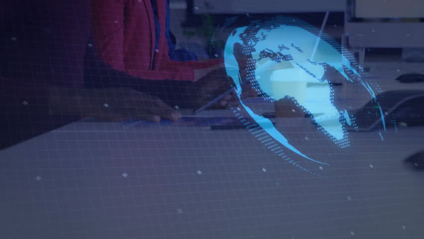 Three analysts analyzing business data in office, displaying holographic map and rising bar chart. Technology, innovation, collaboration, futurism, analytics, digital, data visualization - Powered by Shutterstock - Get 15% off with code: PIKWIZARD15