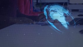 Three analysts analyzing business data in office, displaying holographic map and rising bar chart. Technology, innovation, collaboration, futurism, analytics, digital, data visualization - Powered by Shutterstock - Get 15% off with code: PIKWIZARD15