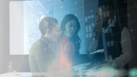 Technology team collaborating in office around laptop projecting code and 3D globe with data charts. Innovation, teamwork, futuristic, digital, data, collaboration, analytics - Powered by Shutterstock - Get 15% off with code: PIKWIZARD15