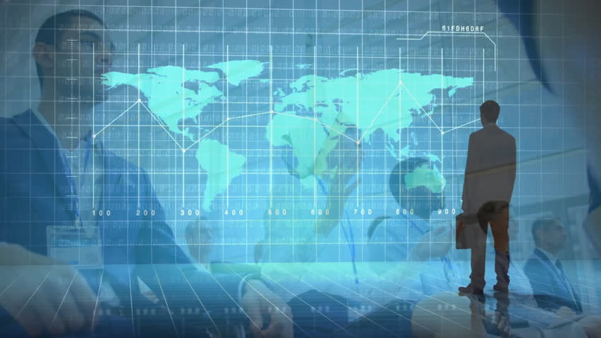 Business professionals analyzing data in meeting, showing interactive world map and line chart. Technology, analytics, collaboration, innovation, digital, corporate, data visualization - Powered by Shutterstock - Get 15% off with code: PIKWIZARD15