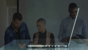 Tech professionals collaborating around laptop, integrating holographic globe data streams. Technology, teamwork, innovation, digital, futuristic, data, communication - Powered by Shutterstock - Get 15% off with code: PIKWIZARD15