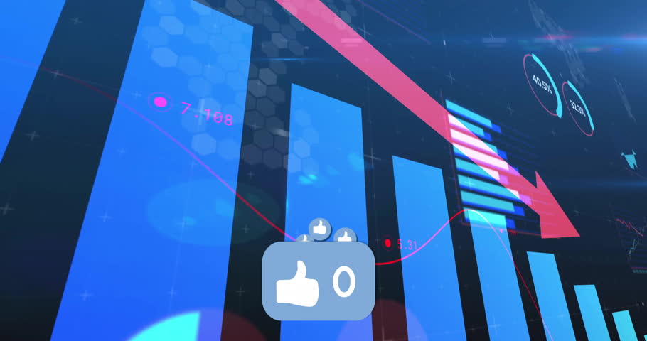 Dashboard showing floating thumbs up badge with 500, red arrow and data charts in flat design. Analytics, data visualization, digital interface, chart, growth, performance, engagement
