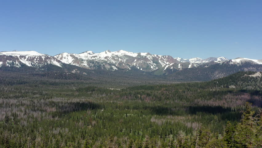 Snow-capped mountains of Sierra Nevada rise above lush forests under a clear blue sky