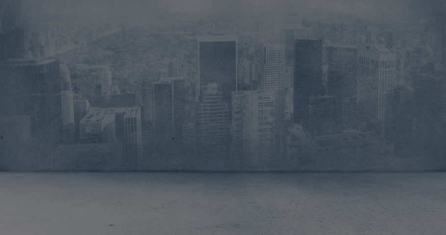 Flat design showing concentric circles with radial progress bar animating over misty urban skyline. Futuristic, digital, abstract, technology, urban, analytics, sleek
