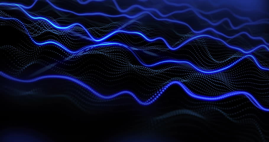 Abstract blue dotted waveform flowing across dark grid, showcasing animated HUD charts, sliders. Futuristic, digital, interface, data, visualization, abstract, technology
