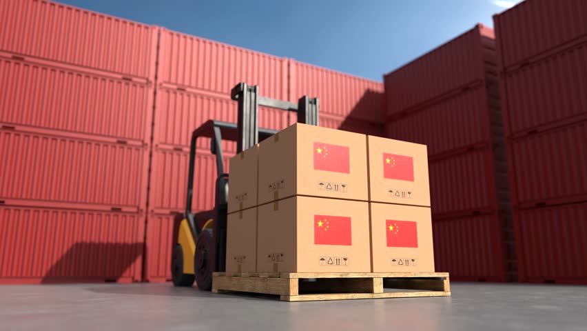A forklift is loading goods from China for export
